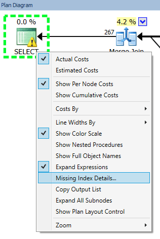 Missing Index warning and context menu item