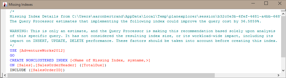 Missing Index warning and context menu item